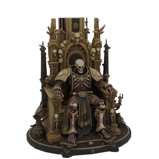 3D model of a skeletal emperor in golden armor, seated on a highly detailed, ornate gothic throne, with skulls and machinery.