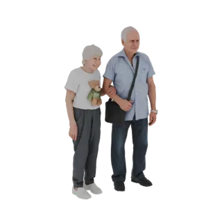 مجسم ثلاثي الأبعاد لرجل وامرأة كبيرين في السن يسيران متشابكي الأذرع، المرأة تحمل دب لعبة.