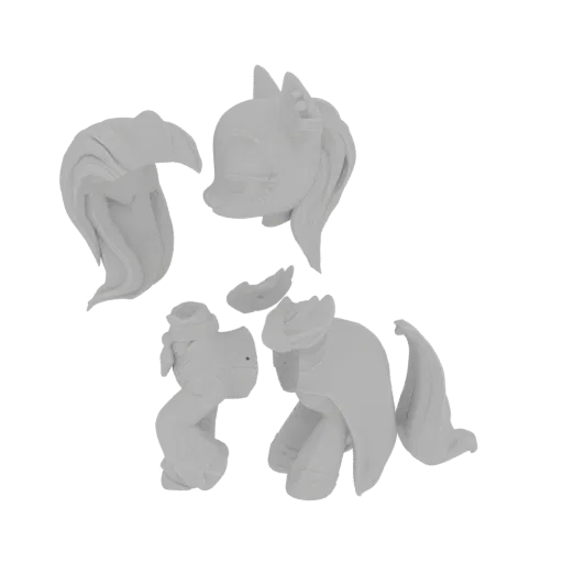 3D render of unassembled white pony figure parts including head, body, and mane, presented on a white background.