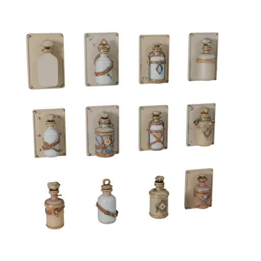 Fantasy Bottle Group Modular 3D model, isometric modular kit view, showing paper-like cards, small readable forms.
