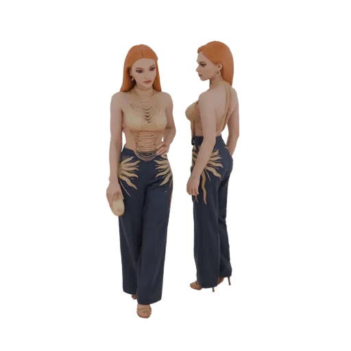3D-Modell einer eleganten Frau in dunkelblauer Hose mit Goldverzierungen und goldenem Neckholder-Oberteil, von vorne und von