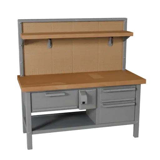Garage Workbench Low Poly 3D model, game viewport three-quarter view, showing steel frames, stable fixtures.