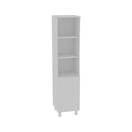 3D model of a tall, narrow white storage cabinet with three open shelves and a closed base, standing on four short feet.