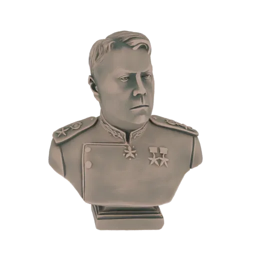 3D model of a bronze bust of a stern-faced general wearing military medals, set against a black background.