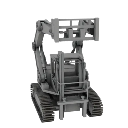 Mining Forklift Printable 3D model, isometric STL render, showing painted steel, large mechanical silhouettes.