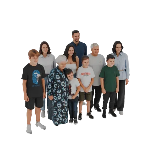 Una renderización 3D de un grupo familiar diverso multi-generacional de pie juntos, incluyendo niños, adultos y ancianos.