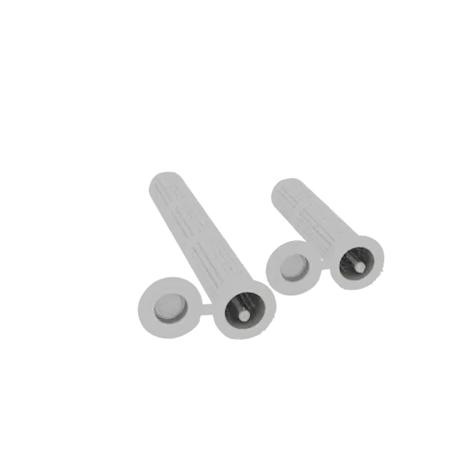 3D model of two white plastic wall plugs with screws, shown from a slightly elevated angle against a white background.