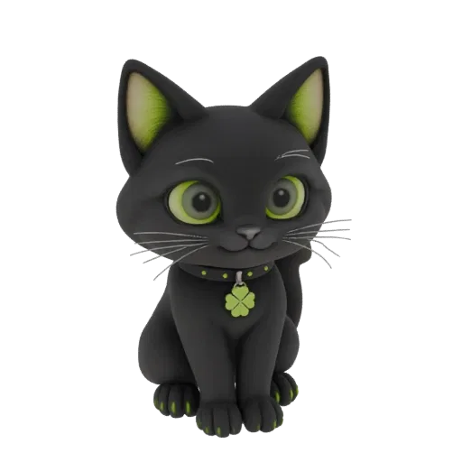 3D model of a cute black cat with large green eyes, sitting and looking forward, wearing a collar with a green clover charm.