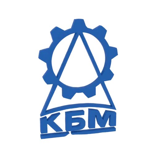 3D render of a blue emblem with a gear, triangle, and Cyrillic text 'KBM' against a black background.