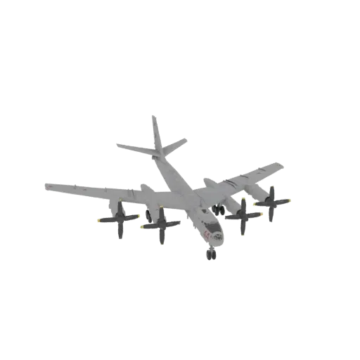 3D-Modell eines Tupolev Tu-95 'Bear' strategischen Bombers mit vier gegenläufigen Turboprop-Triebwerken, von vorne im Dreivie