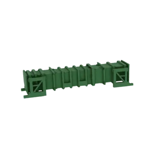 Modelo 3D de seção de treliça de ponte industrial verde com contraventamento detalhado e estruturas de suporte.