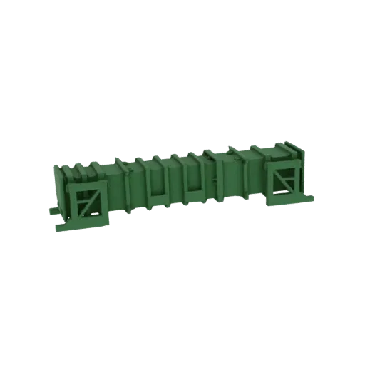 Modelo 3D de seção de treliça de ponte industrial verde com contraventamento detalhado e estruturas de suporte.