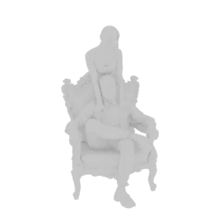 3D-Modell eines eleganten Paares auf einem verzierten, geschnitzten Stuhl, in monochromem Stil gerendert.