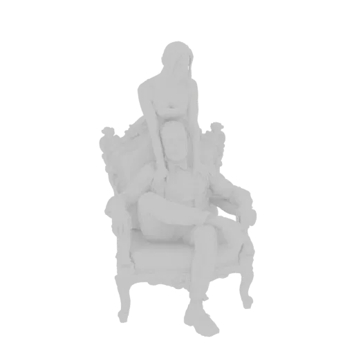 3D model of an elegant couple seated on an ornate, carved chair, rendered in a monochromatic style.