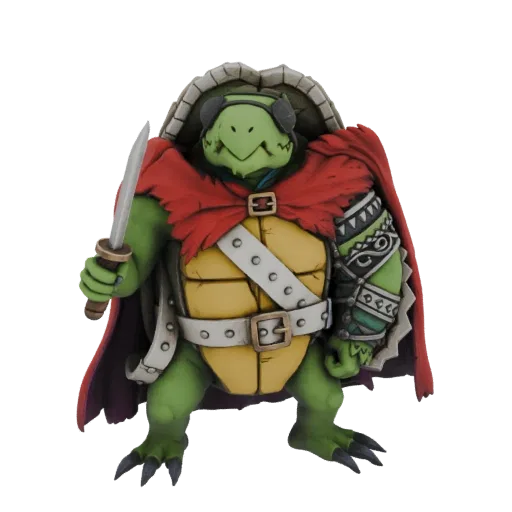 3D model of a green turtle warrior wearing red cape, holding a sword, with detailed armor and shell.