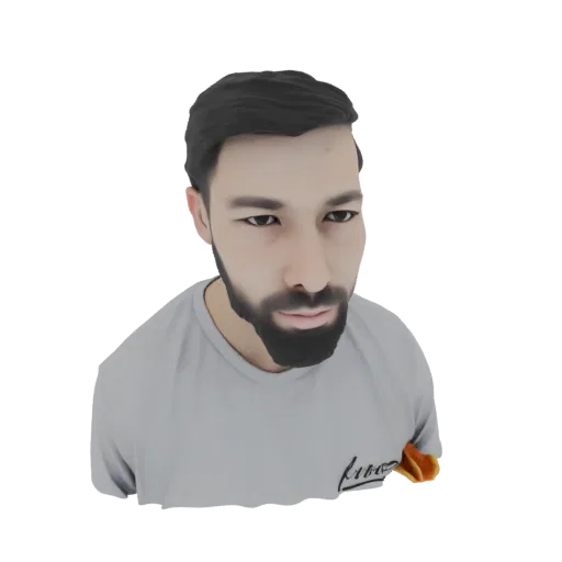 Modelo 3D de um homem estilizado com barba vestindo uma camiseta cinza, visto de um ângulo ligeiramente superior.