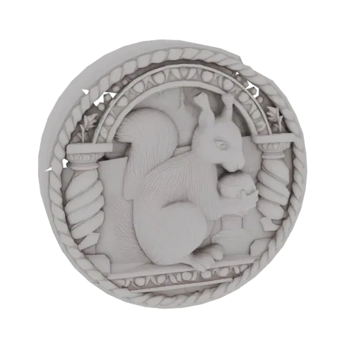 3D model of a detailed bas-relief medallion featuring a squirrel holding an acorn, with decorative rope and architectural ele
