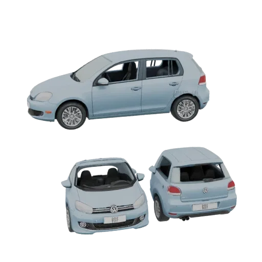 3D model of a light blue Volkswagen Golf MK6 hatchback shown from multiple angles.