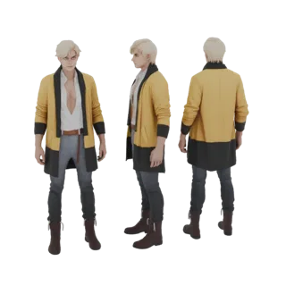 Modelo 3D de hombre rubio con cárdigan amarillo y negro, camisa blanca y pantalones grises, mostrado de frente, lado y espald