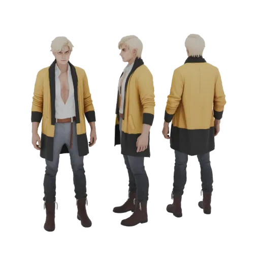 3D-Modell eines blonden Mannes in gelb-schwarzem Cardigan, weißem Hemd und grauer Hose, von vorne, von der Seite und von hint