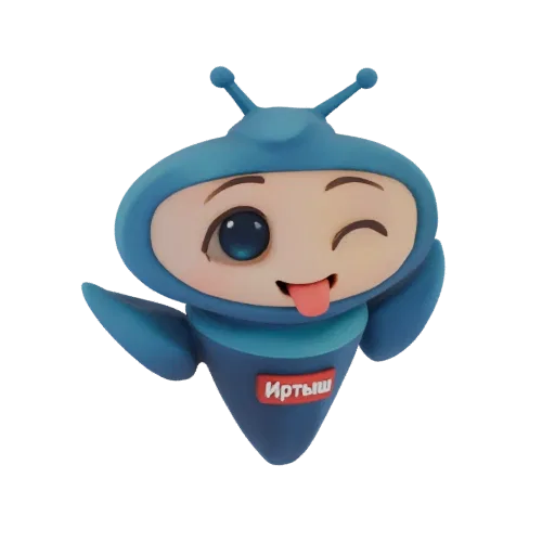 Render 3D di un personaggio robot blu che ammicca e fa la linguaccia, con un distintivo rosso sul petto.