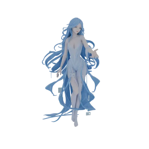 Modelo 3D de ninfa etérea de agua con cabello azul largo y vestido azul translúcido, extendiendo una mano.