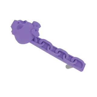 A 3D render of a purple hair clip shaped like a skull with a chain attached, presented on a white background.