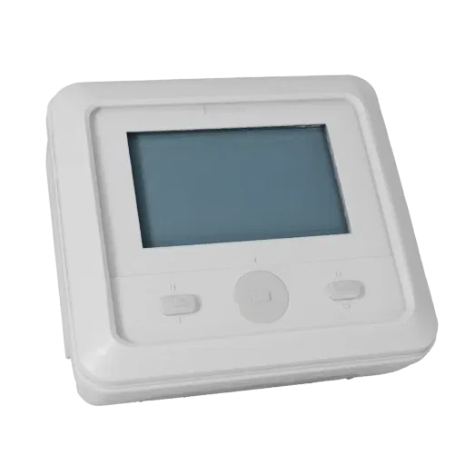 Voice Controlled Smart Thermostat Realistic 3D model, three-quarter studio render, showing white plastic, form detail.