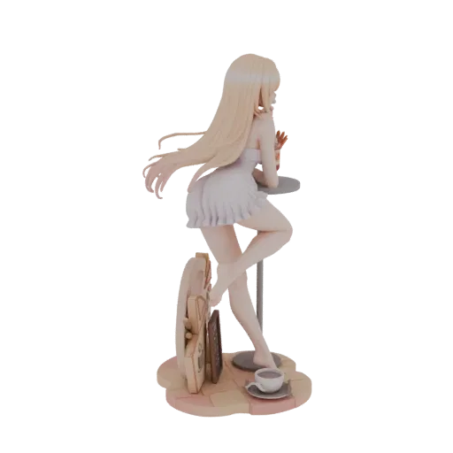 3D model of a blonde girl in a white dress, holding a croissant and a cup of coffee, with a small table and decorative base.