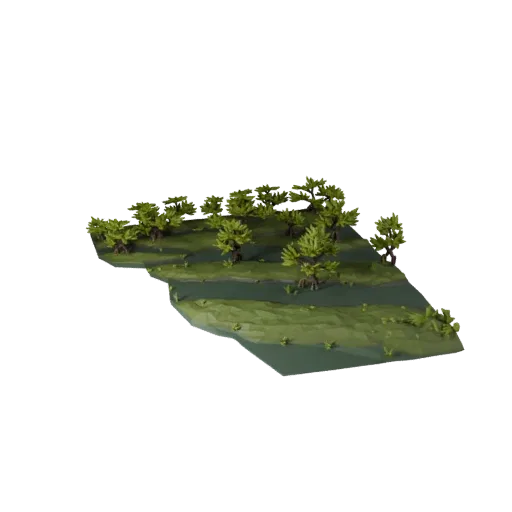 Coastal Mangrove Biome Low Poly 3D model, game viewport three-quarter view, showing terrain layers, terrain detail.