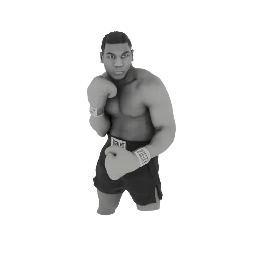 3D model of Mike Tyson in a boxing stance, wearing gloves and shorts, rendered in grayscale.