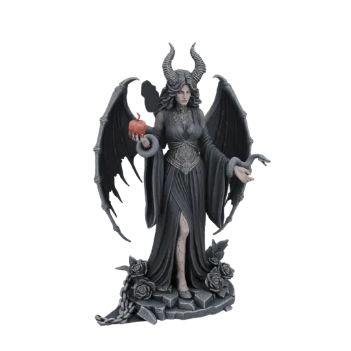 3D model of a gothic sorceress with black bat wings, horns, holding a red apple and a snake, on a rose-adorned base.