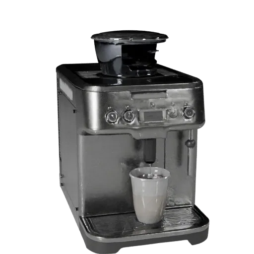 Stainless Coffee Machine 3D model, dining room, three-quarter front view, Unity viewport, plastic detail.