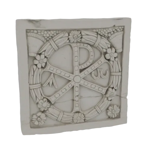 3D model render of a stone-like plaque featuring the Chi-Rho symbol within a laurel wreath decorated with small flowers.