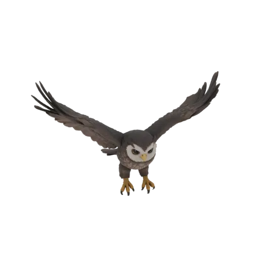 3D model of an owl in flight with outstretched wings, detailed feather texture, expressive eyes