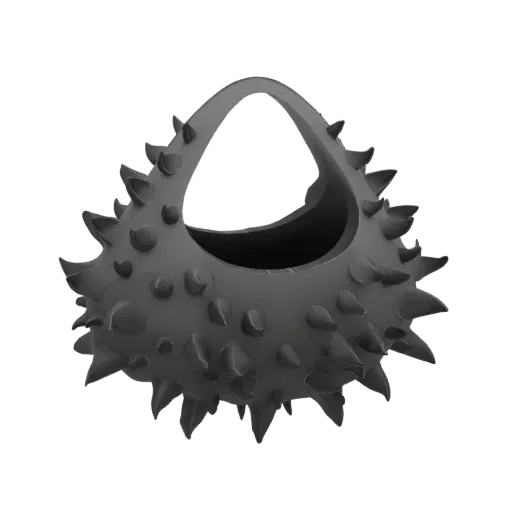 A dark, matte 3D model of a handbag covered in sharp, pointed spikes, presented on a white background.