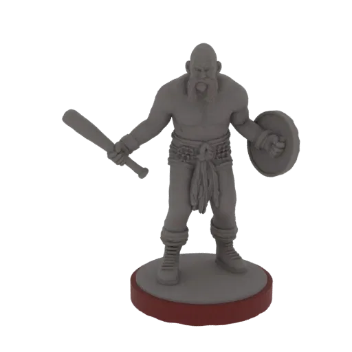 3D model of a bald, bearded barbarian warrior holding a baseball bat and a round shield, standing on a red circular base.