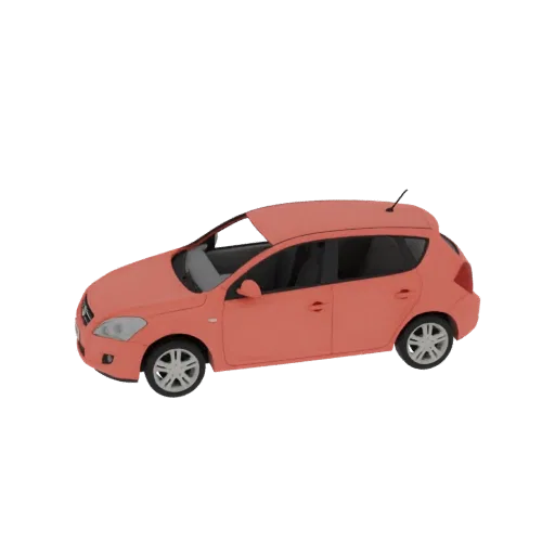Modelo 3D de coche hatchback color coral, visto en tres cuartos, sobre fondo negro.