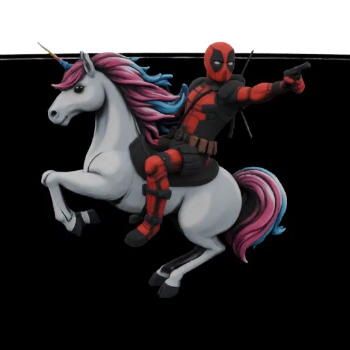 Modelo 3D de Deadpool em seu traje vermelho e preto montado em um unicórnio branco com crina e cauda rosa e azul, segurando uma pistola.