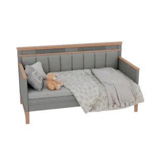 3D model of a modern grey daybed with wooden accents, a teddy bear, and heart-patterned bedding.