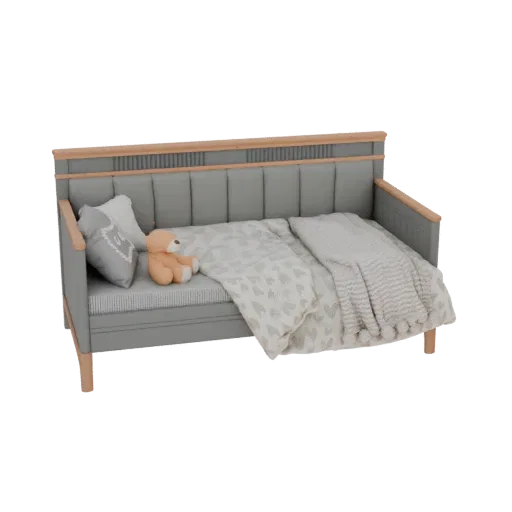 3D model of a modern grey daybed with wooden accents, a teddy bear, and heart-patterned bedding.