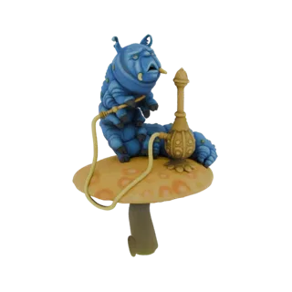 Modello 3D del Bruco blu di Alice nel Paese delle Meraviglie, seduto su un fungo e che fuma un narghilè.