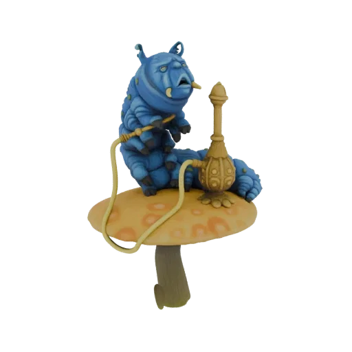 Modelo 3D de la Oruga azul de Alicia en el País de las Maravillas, sentada en una seta y fumando una pipa de agua.