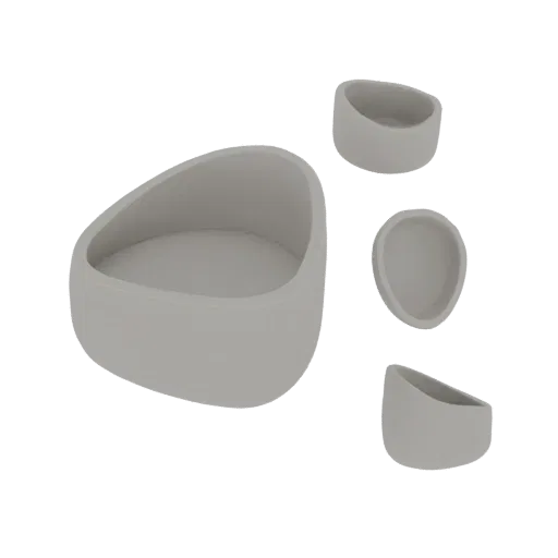A 3D render of a light gray, asymmetrical bowl shown from multiple angles against a black background.