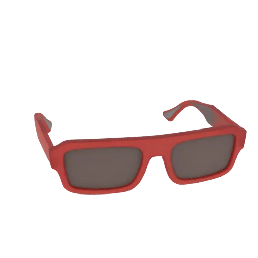 Un rendering 3D di occhiali da sole rettangolari rossi con lenti grigio scuro, presentati su uno sfondo bianco.