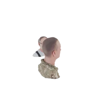 Modelo 3D de dos hombres, uno con chaqueta militar de camuflaje y otro con camisa a rayas, visto de lado.