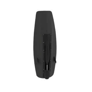 Vista de cima de um modelo 3D de hidrofólio futurista, elegante e preto, com sistema de propulsão integrado e aletas laterais