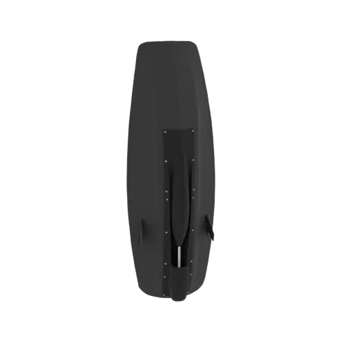 Top-down view of a sleek, black, futuristic hydrofoil 3D model with an integrated propulsion system and side winglets, set ag