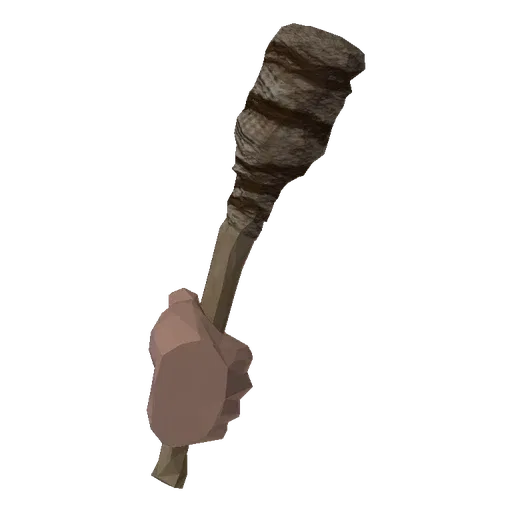 3D render of a primitive torch with a woven head, held by a realistic human hand against a white background.