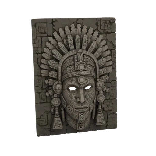 3D model of a stone-carved Aztec warrior mask wall plaque with a feathered headdress and intricate facial patterns.